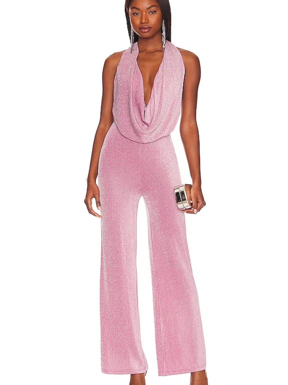 superdown Pink Glitter Cowl-Neck Wide-Leg Jumpsuit
